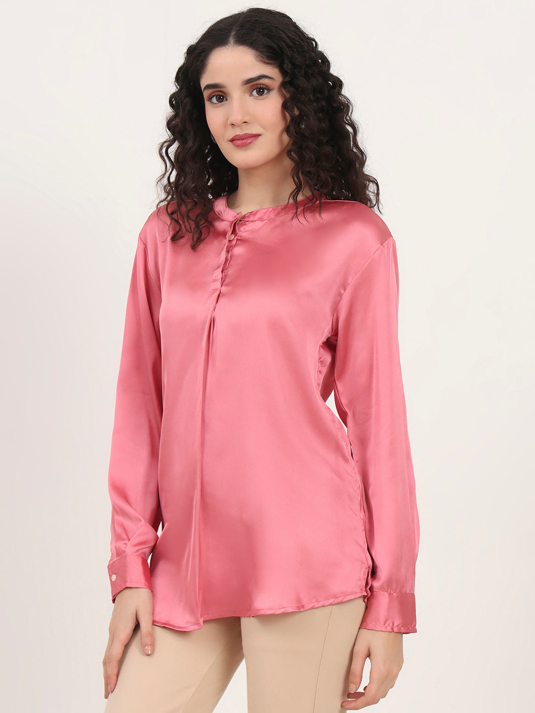 Summer Satin Rose Pink Front Pleated Tunic