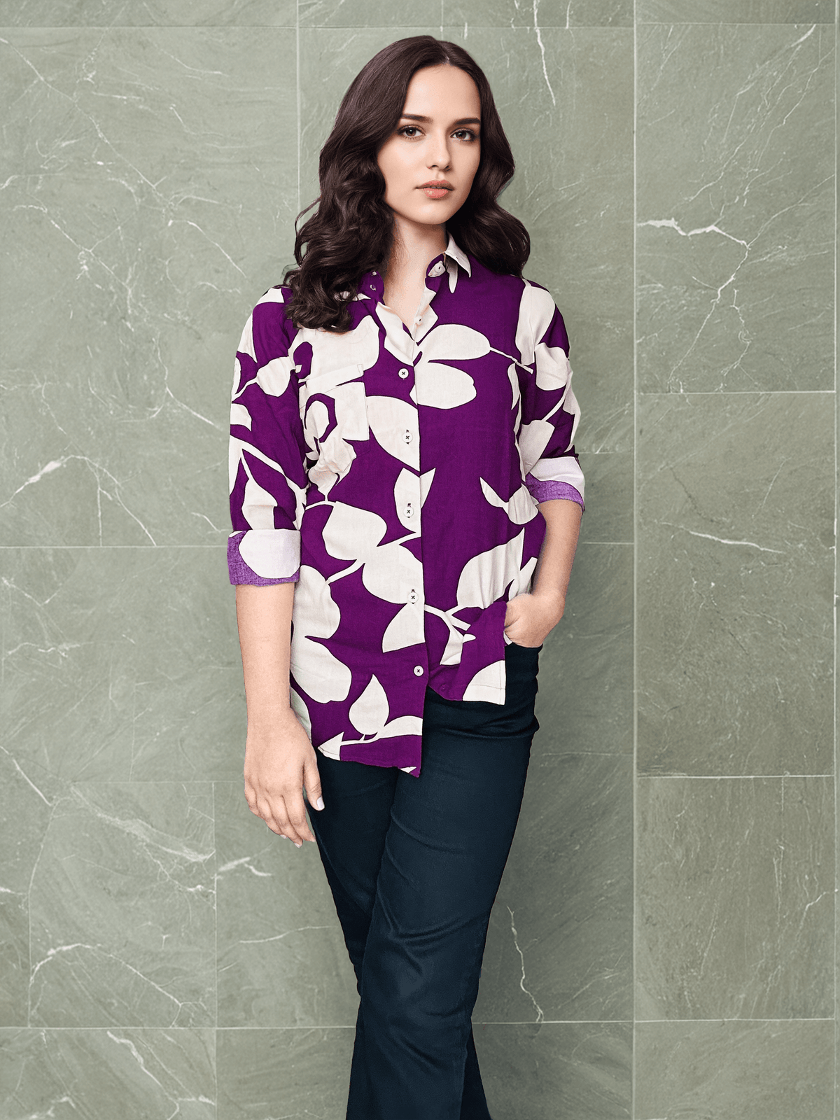 Women's  Premium Rayon Shirt With Purple Floral Print