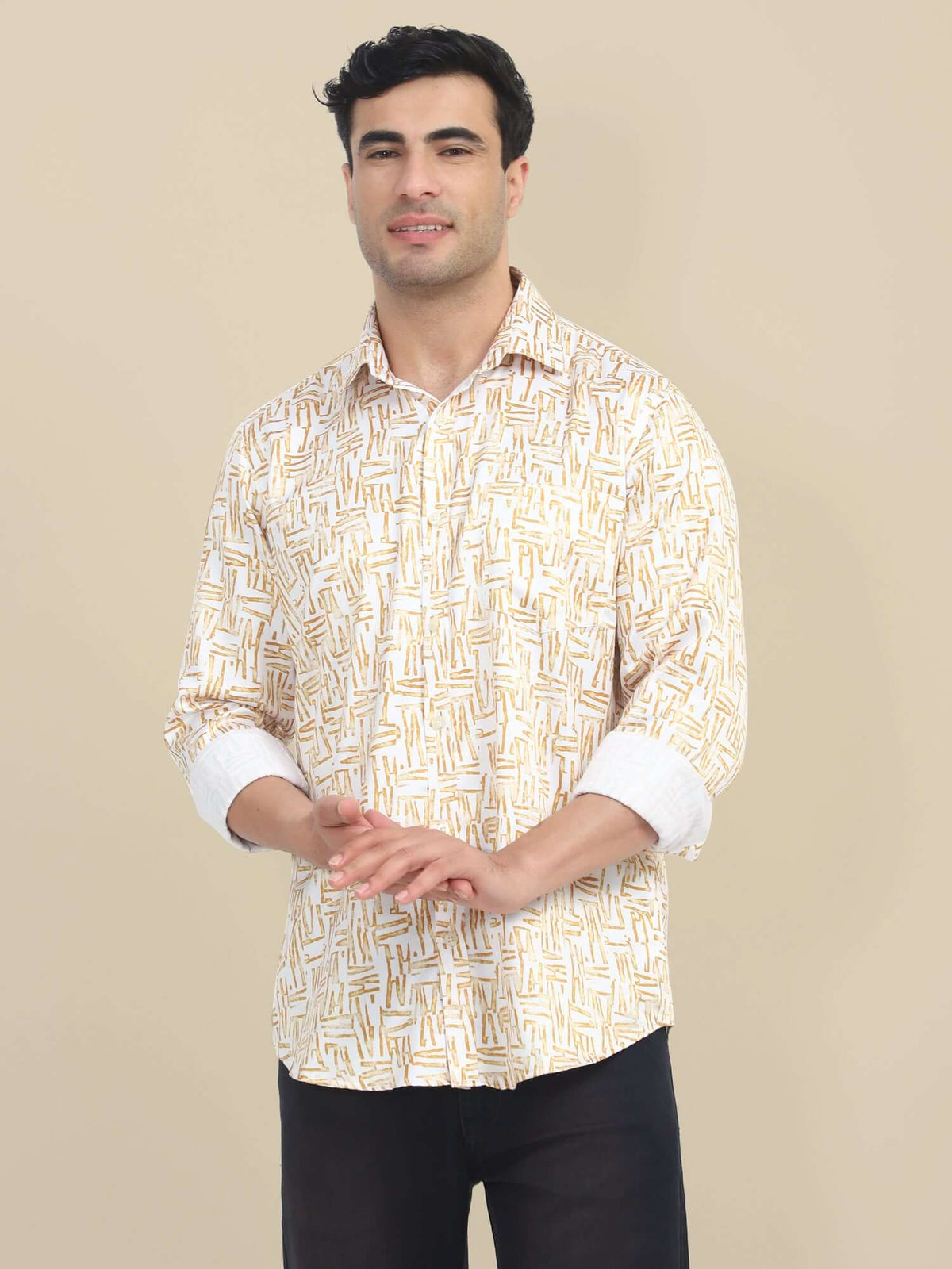 Men's Poly Satin Lycra Mustard Digital Printed Shirt
