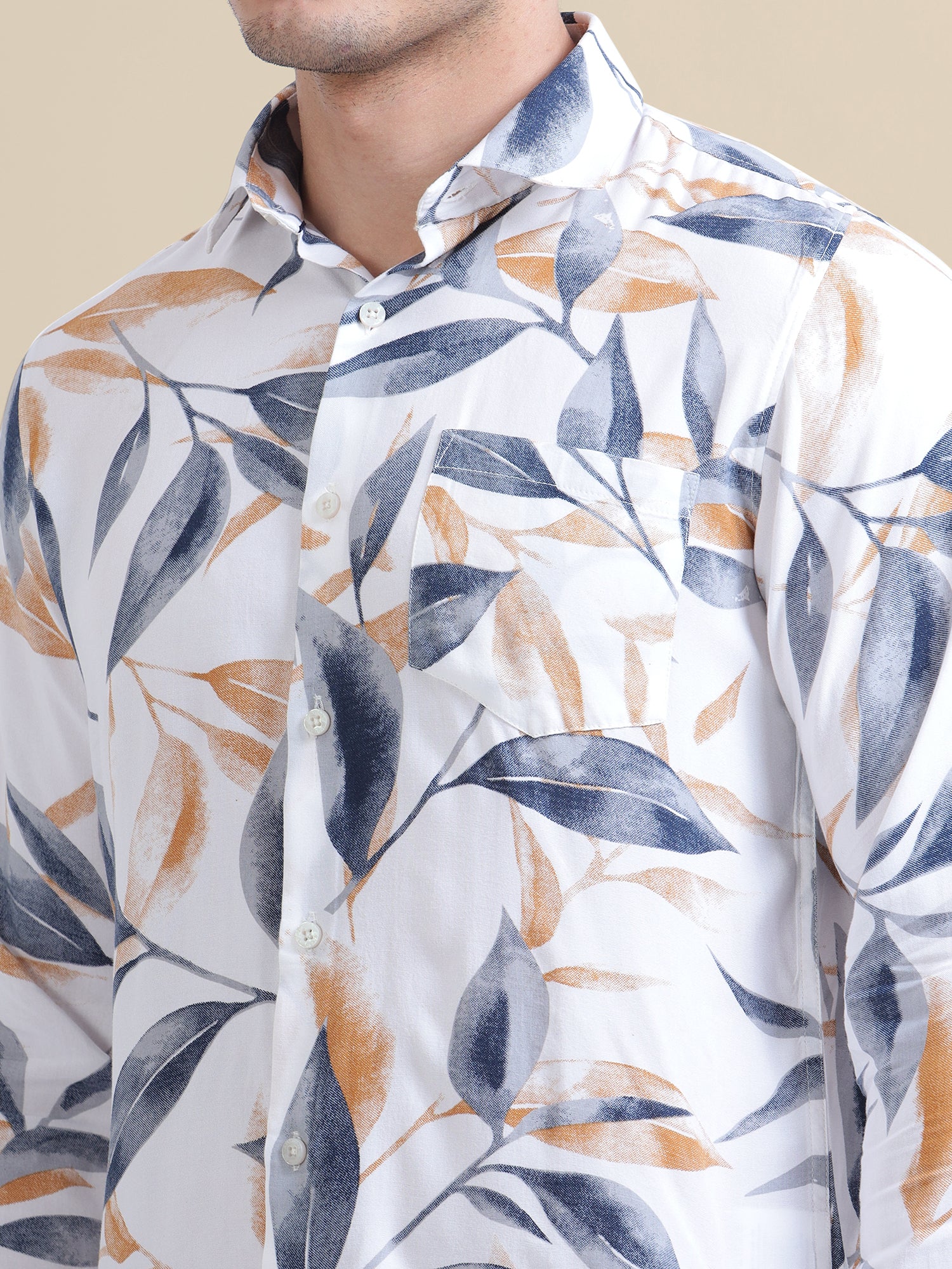 Men's Premium Rayon Shirt With Blue And Orange Leaf Print