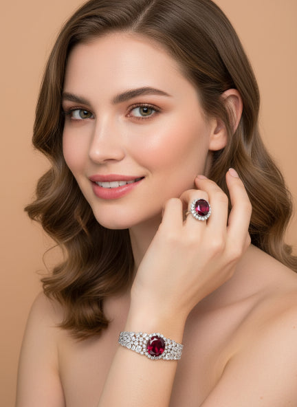 Red Ruby Cubic Zirconia Halo Ring & Bracelet Set for Women
