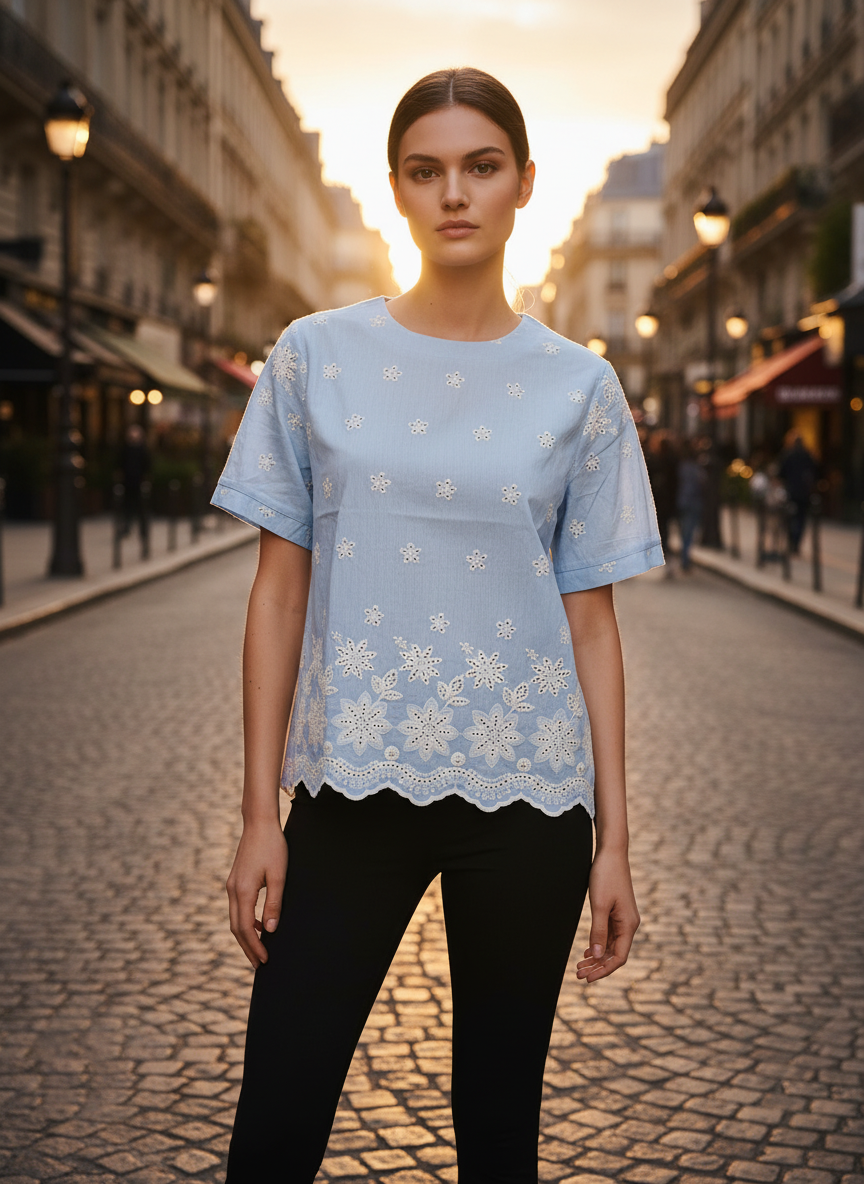 Sky Blue Schiffli Embroidered Cotton Top