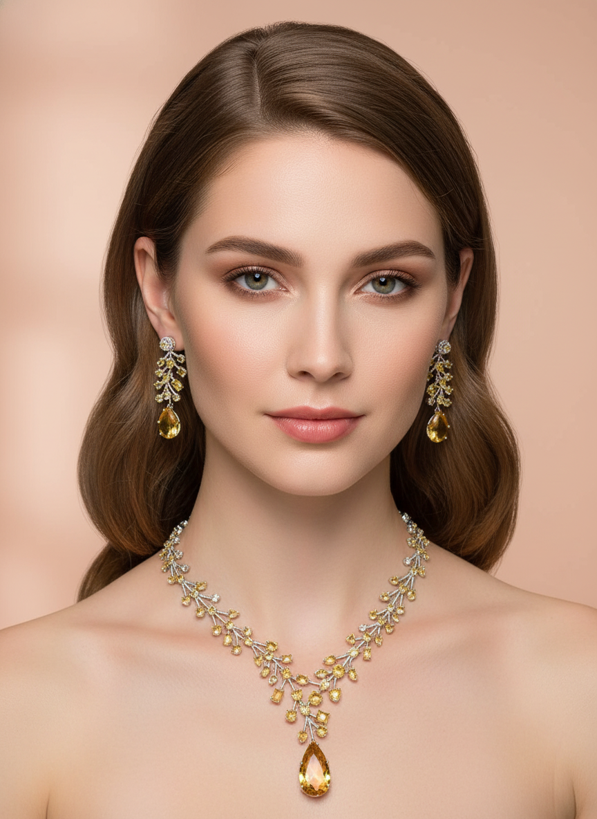 Luxury Golden Champagne Cubic Zirconia Necklace & Earrings Set