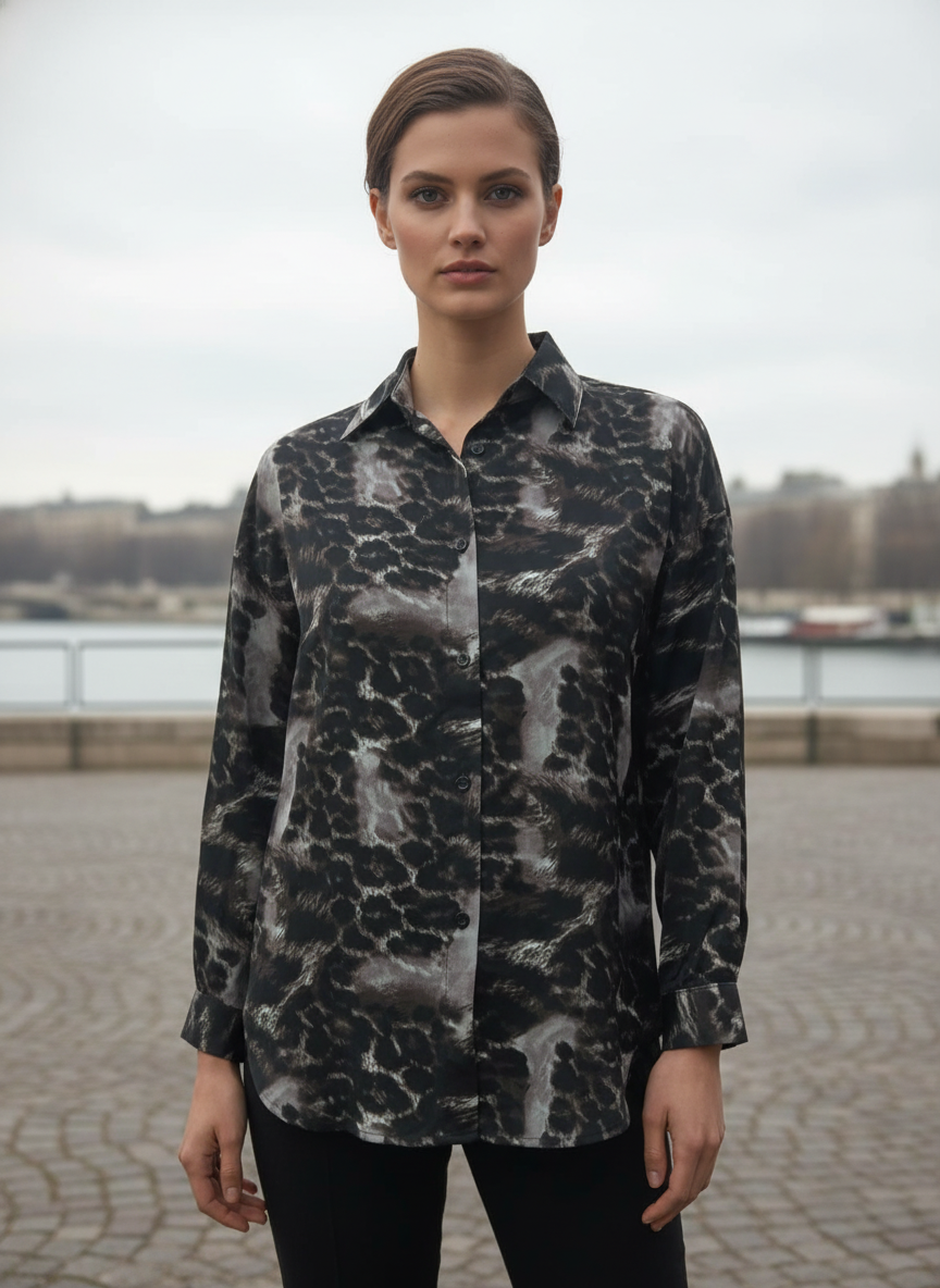 Women Black Grey Leopard Print Button Down Shirt