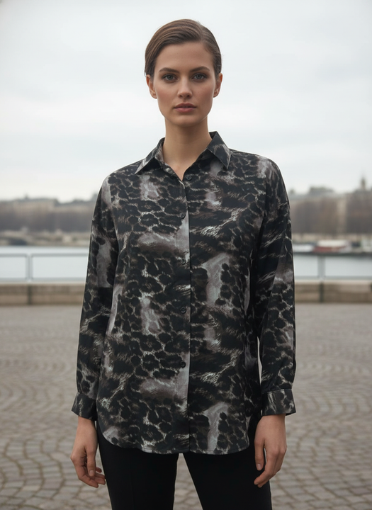 Women Black Grey Leopard Print Button Down Shirt