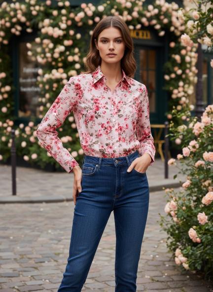 Premium Organza Pink And Green Regular Length Straight Hem Digital Print Shirt