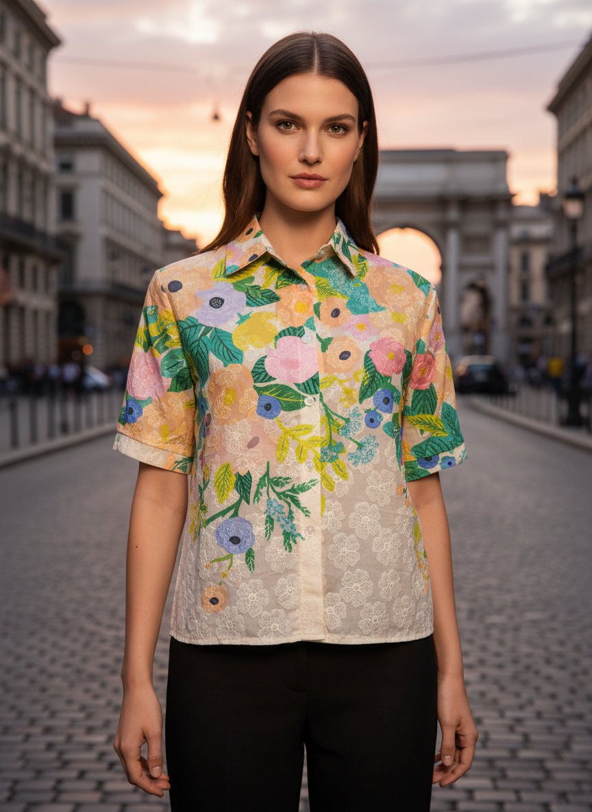 Multi-Color Floral Printed Lace Shirt for Women