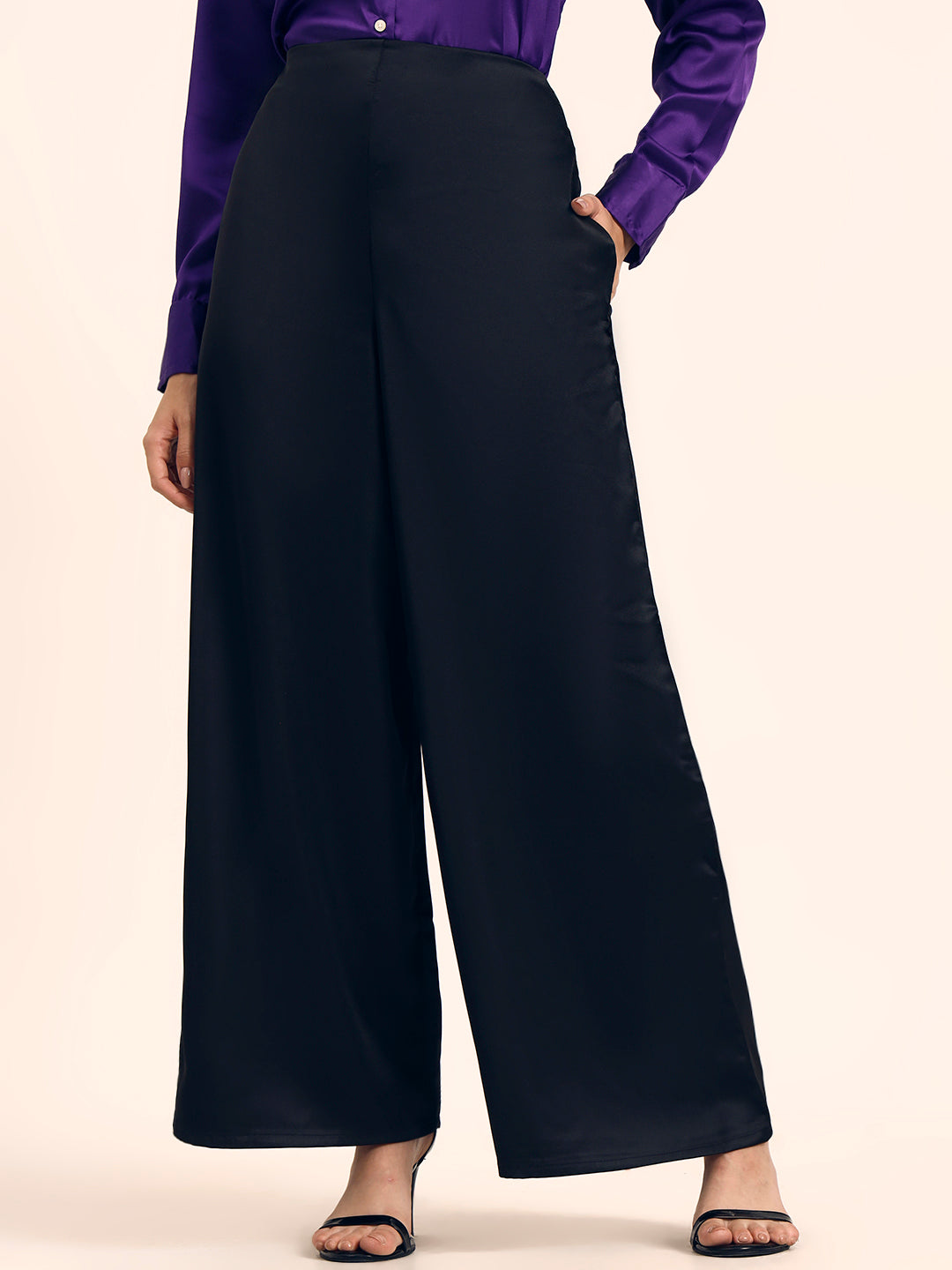 Luxury Satin Wide Leg Pants European Fabric  Black Glam Look
