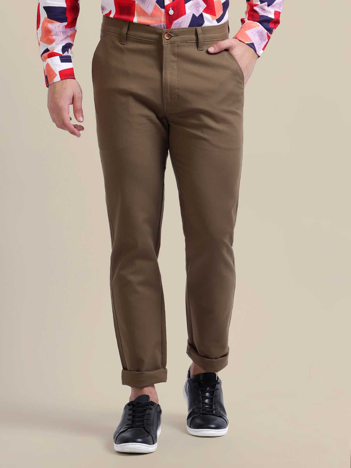 Brown Casual Trousers Solid Cotton Lycra Smart Fit