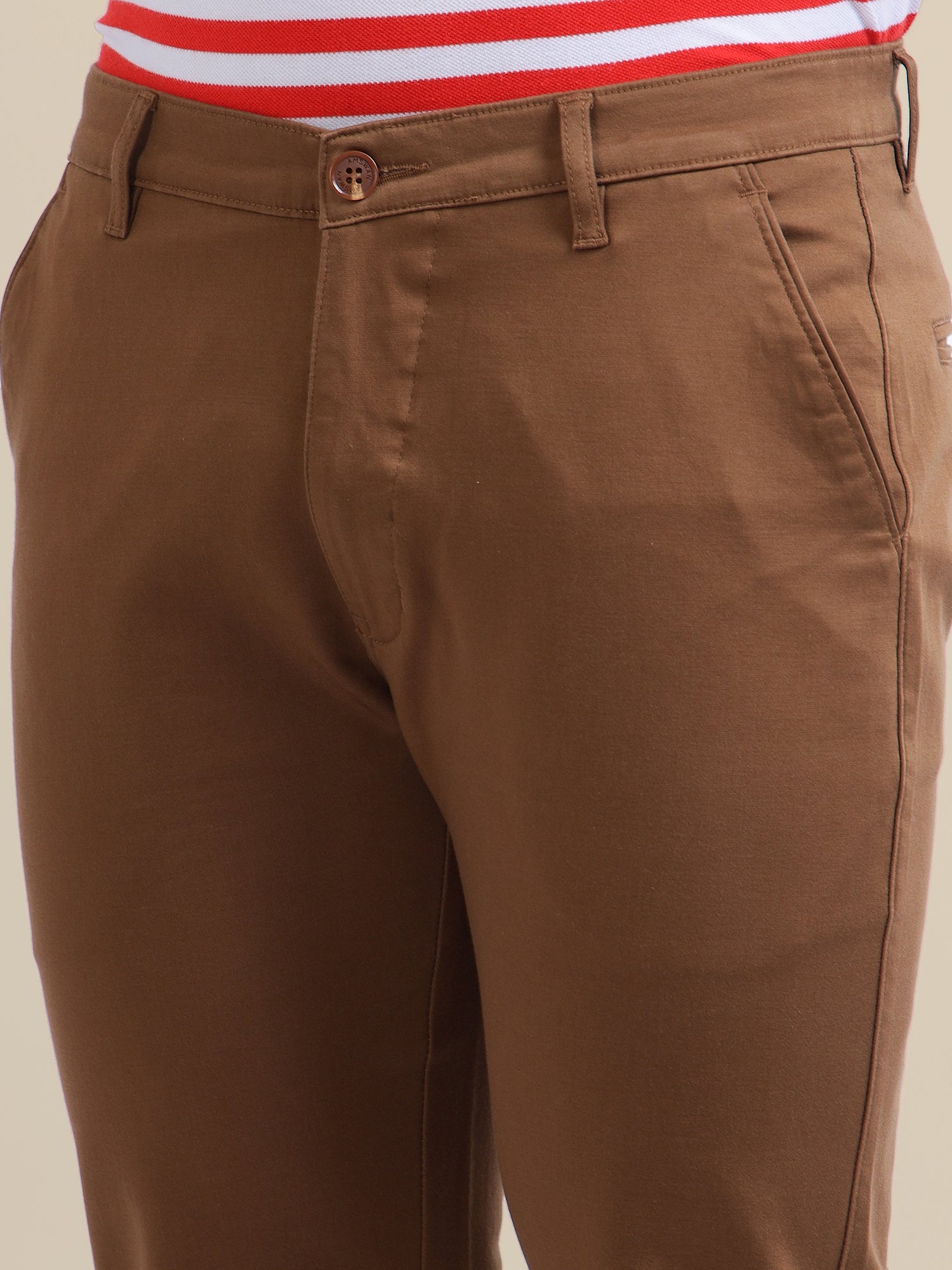 AMSWAN  MEN'S BROWN CASUAL TROUSERS - SOLID COTTON LYCRA, SMART FIT