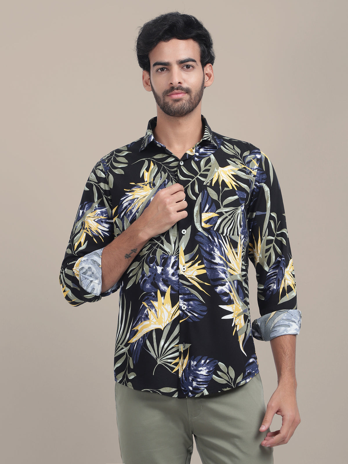 AMSWAN MEN'S PREMIUM RAYON SHIRT WITH JUNGLE PRINT IN FULL SLEEVE AND BLACK COLOR