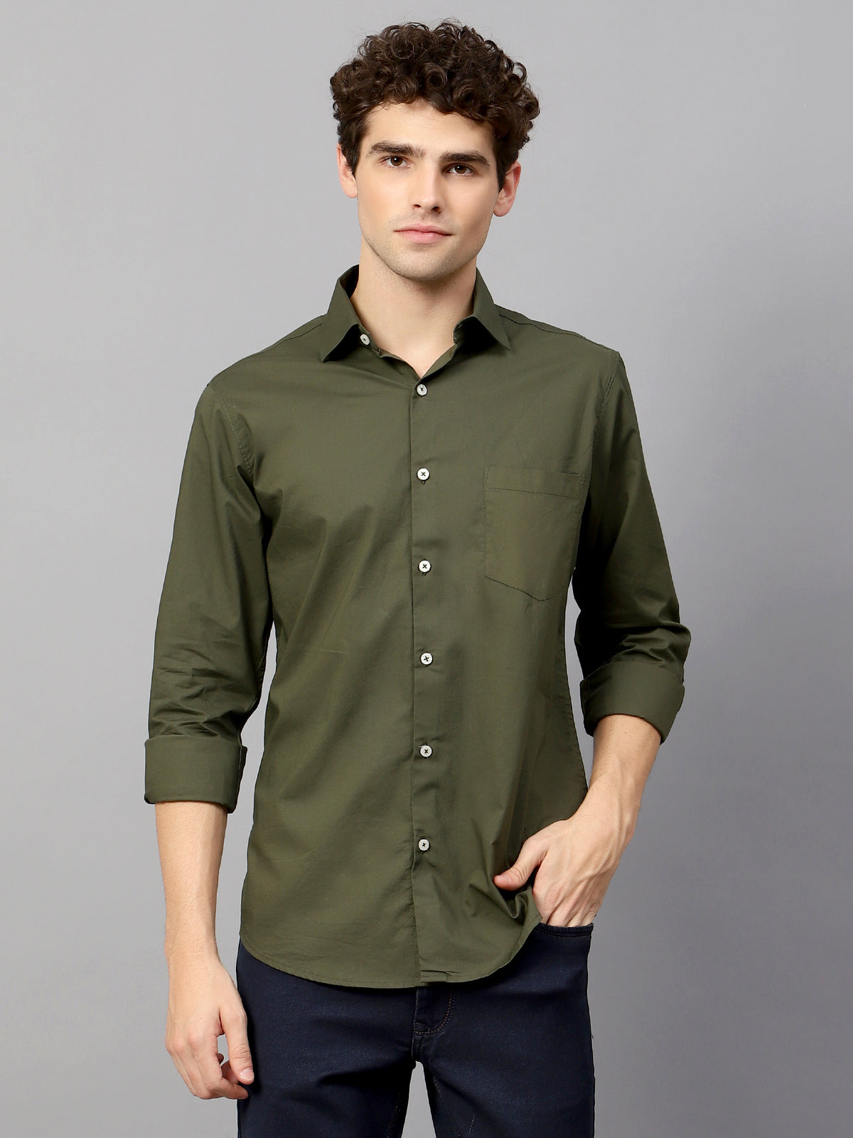 AMSWAN OLIVE GREEN ATHLEISURE SHIRTS WITH PREMIUM COTTON LYCRA BLEND