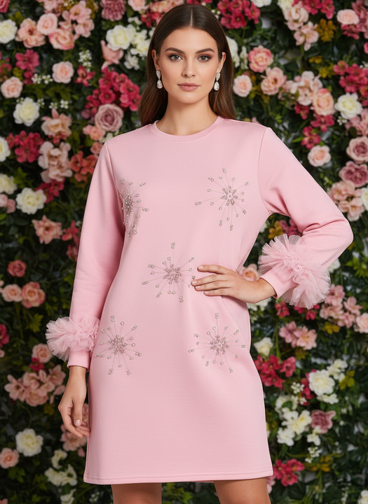 Elegant Pink Embellished Shift Dress with Ruffle Sleeves