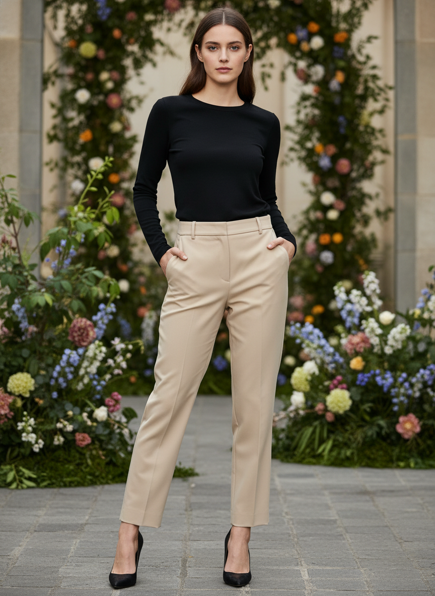 Beige Straight Fit Trousers for Women