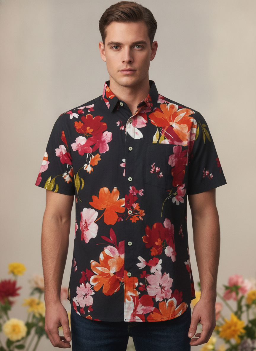 Black Floral Print Premium Rayon Shirt