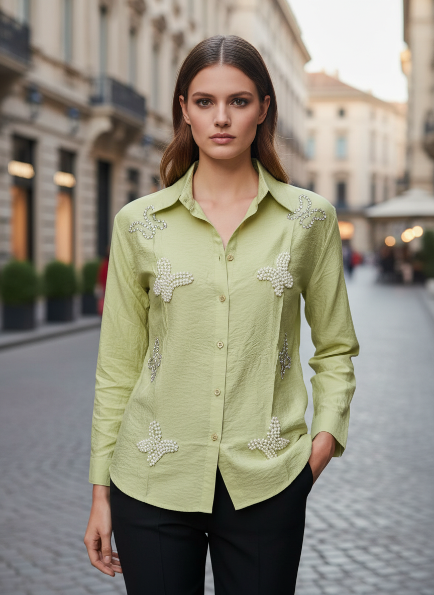 Lime Grace Pearl Embellished Designer Shirt