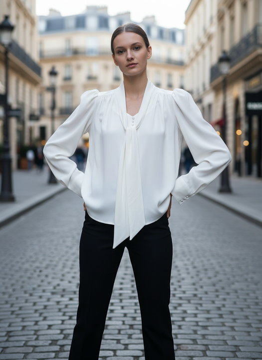 White Puff Sleeve Tie-Neck Blouse