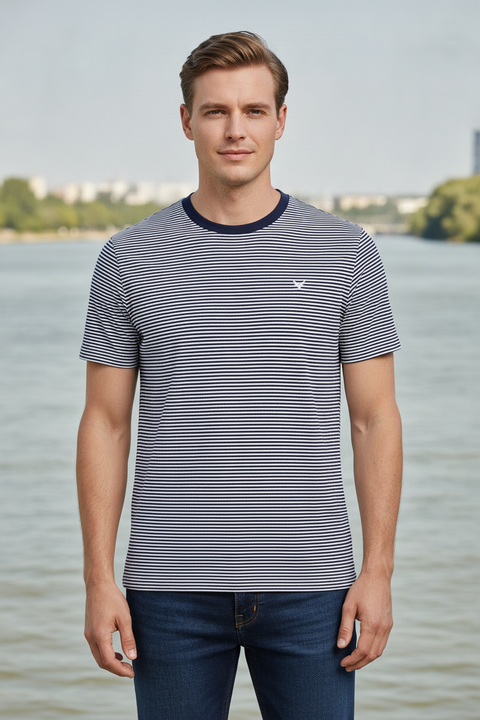Mens Premium Cotton Striped Half Sleeve Crew Neck T-Shirts