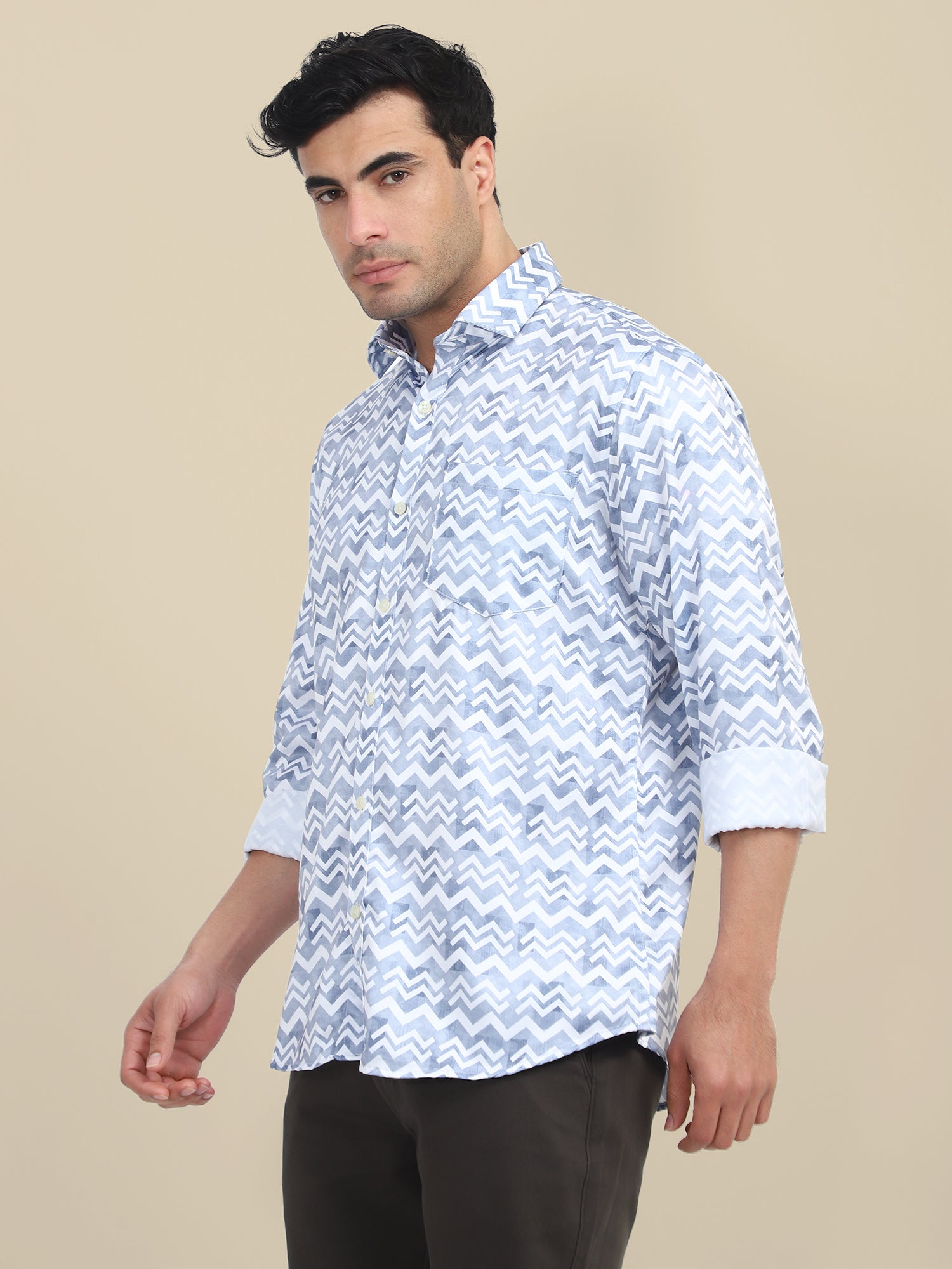 Men's Poly Satin Lycra Grey Digital Printed Shirt