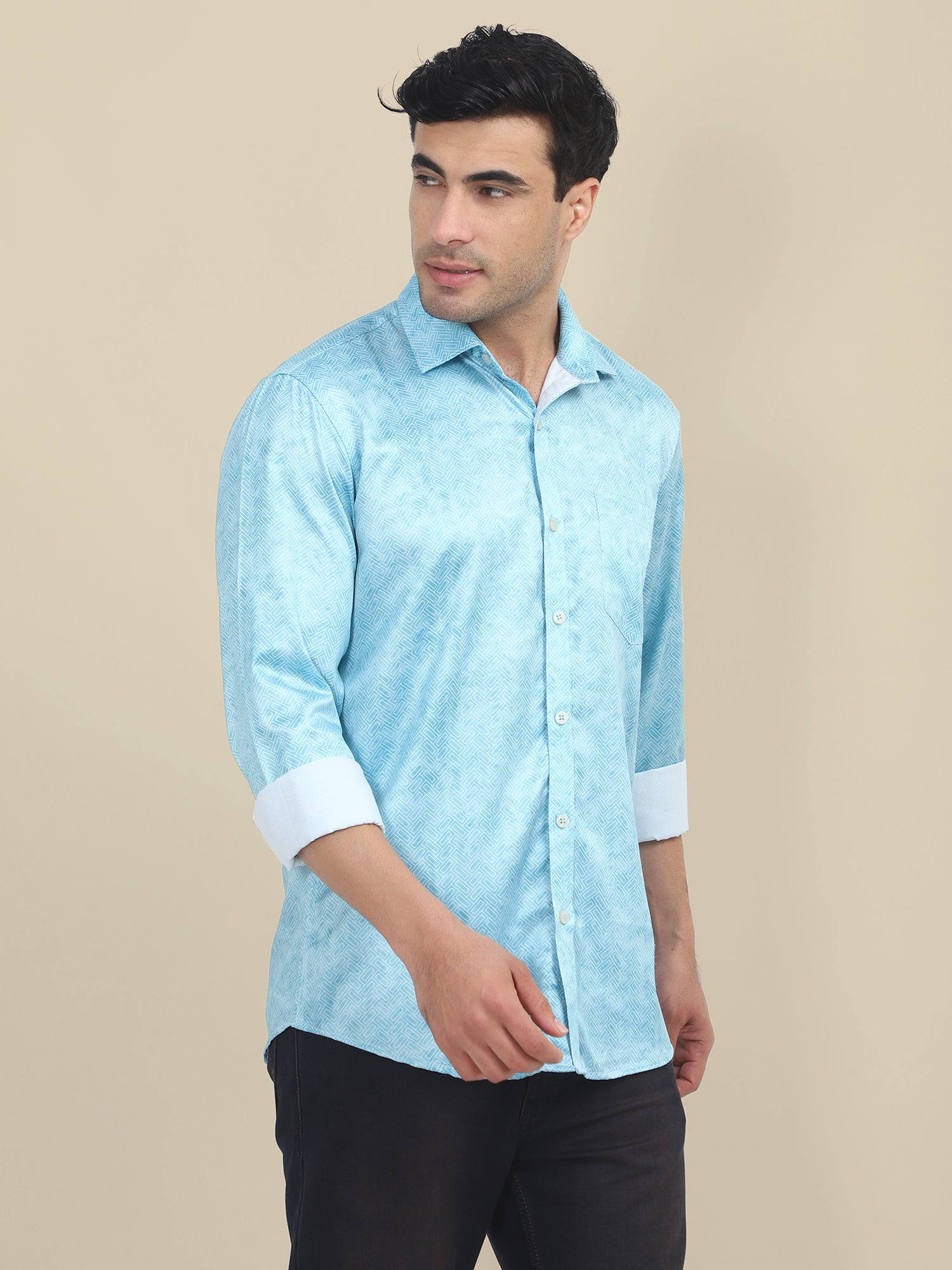 Men's Poly Satin Lycra Sky Blue Digital Printed Shirt