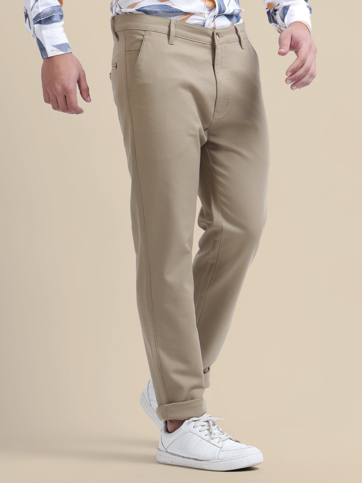 Beige Casual Trousers  Solid Cotton Lycra Smart Fit