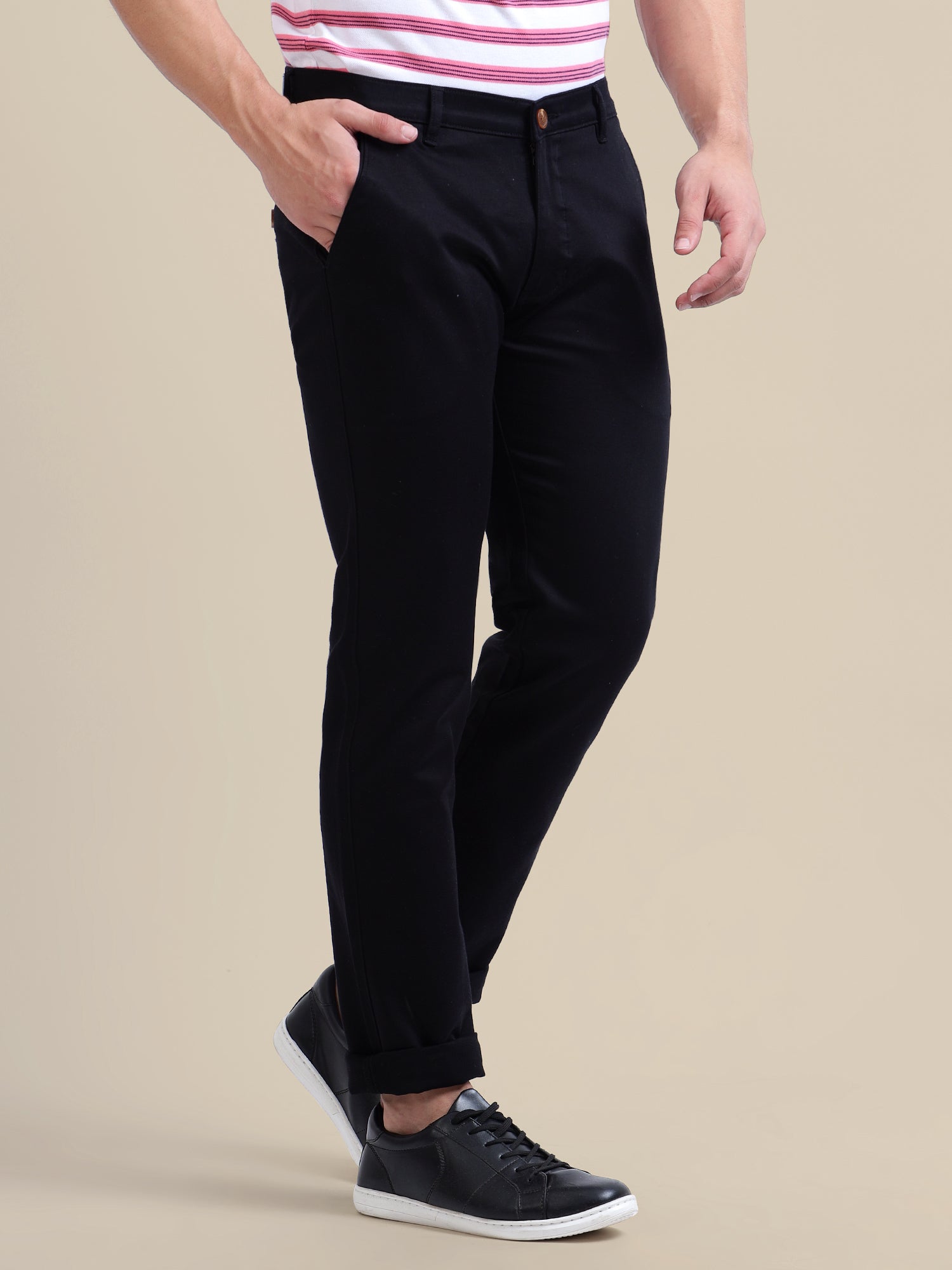 Black Casual Trousers Solid Cotton Lycra, Smart Fit