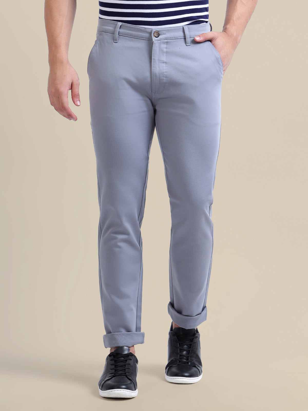 Light Blue Casual Trousers Solid Cotton Lycra Smart Fit