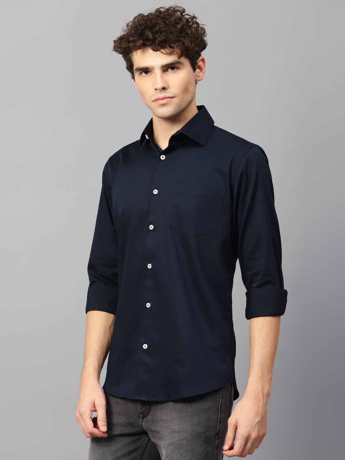 Premium Cotton Lycra Satin Navy Shirt