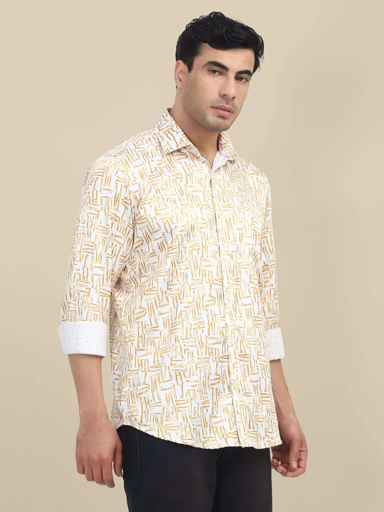 Men'S Poly Satin Lycra Mustard Digital Printed Shirt