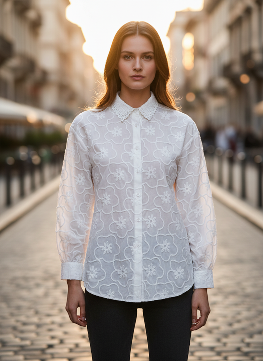 White Floral Embroidered Women Shirt