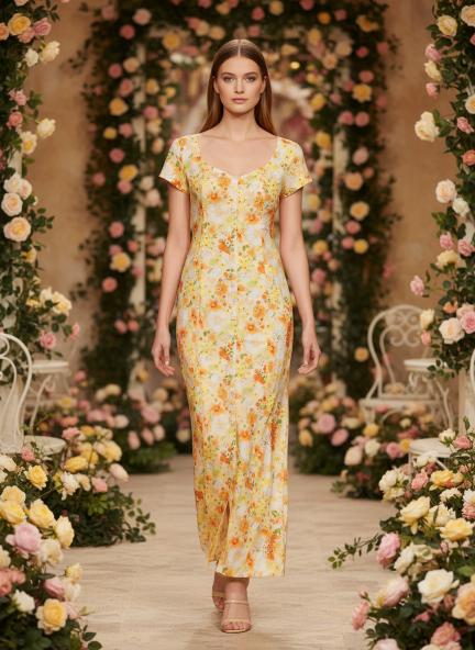 Premium American Crepe Digital Print  Front Slit Body Maxi Dress With Slash Pocket