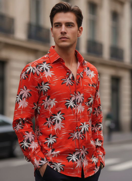 Men'S Premium Rayon Shirt With Red Flower Print