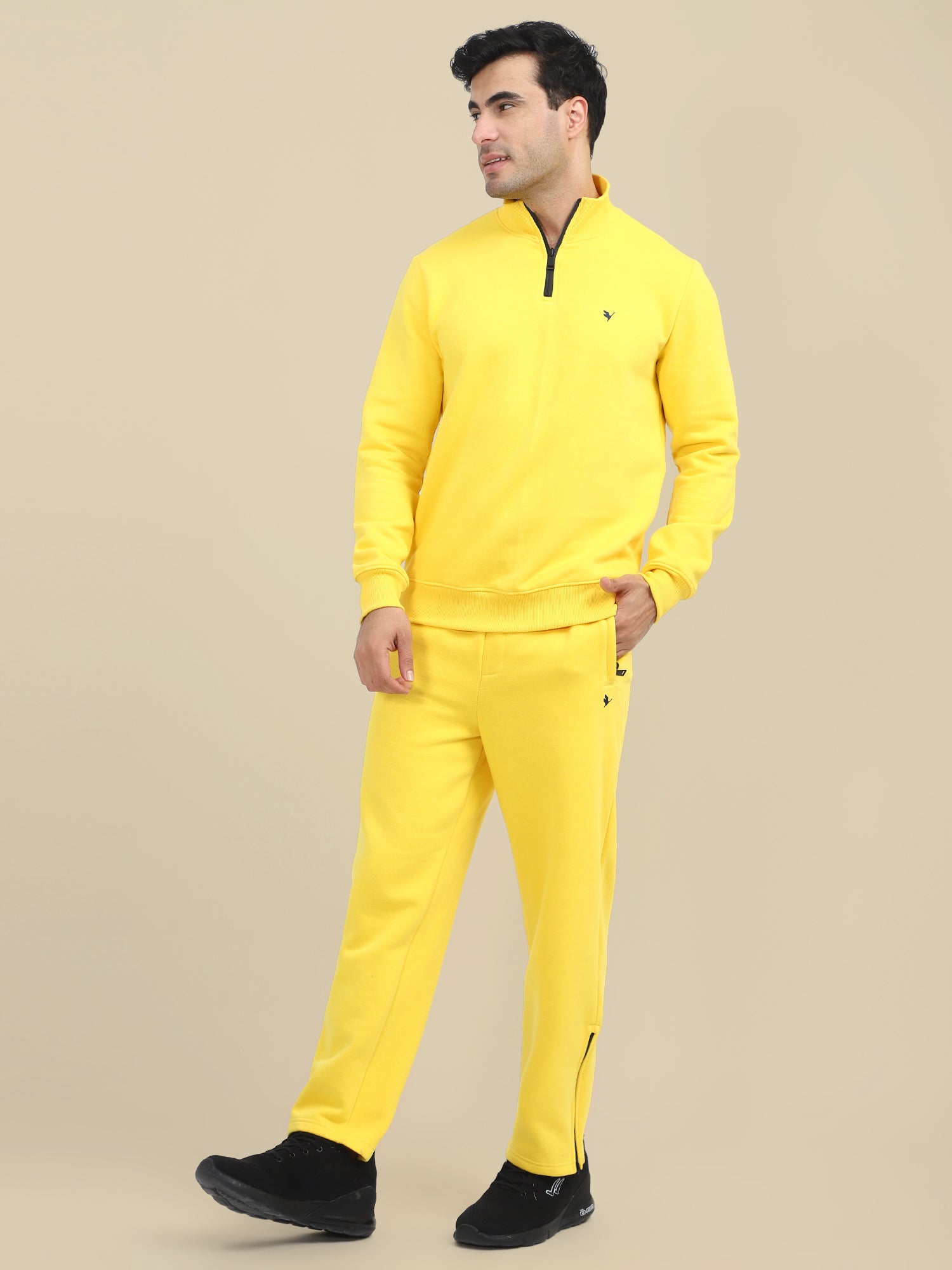AMSWAN MEN'S YELLOW CORD SET: HALF ZIPPER SWEATSHIRT & SWEATPANTS FOR ULTIMATE COMFORT AND STYLE