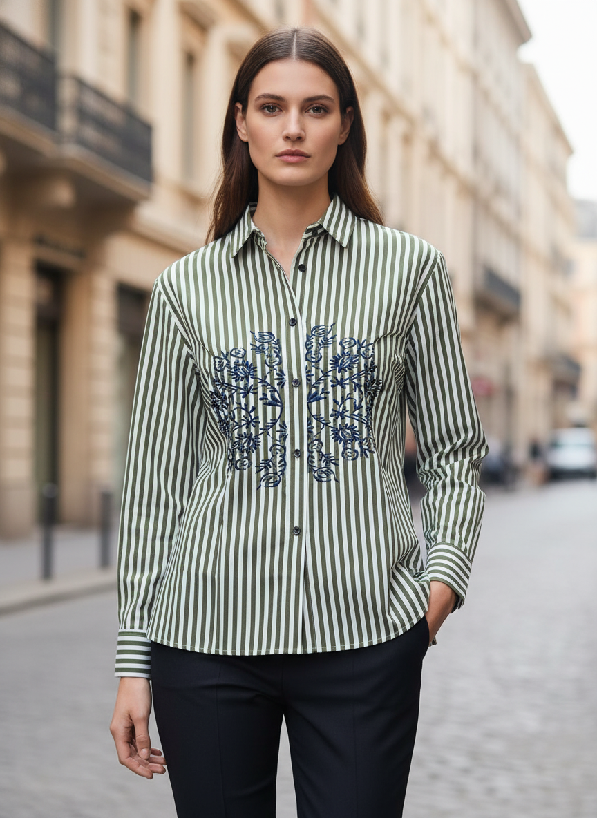 Olive Chic Striped Floral Embroidered Shirt