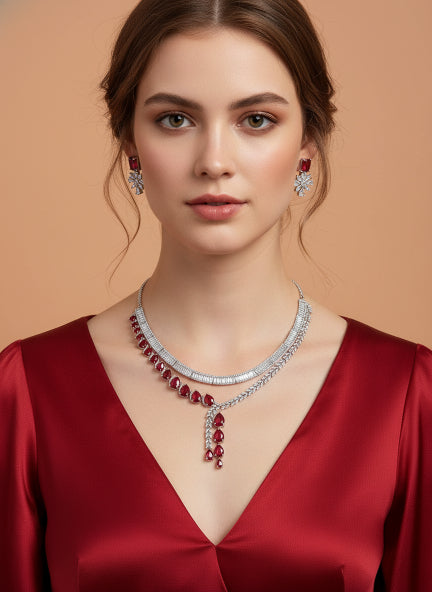 Red Ruby Cubic Zirconia Necklace & Earrings Set for Women