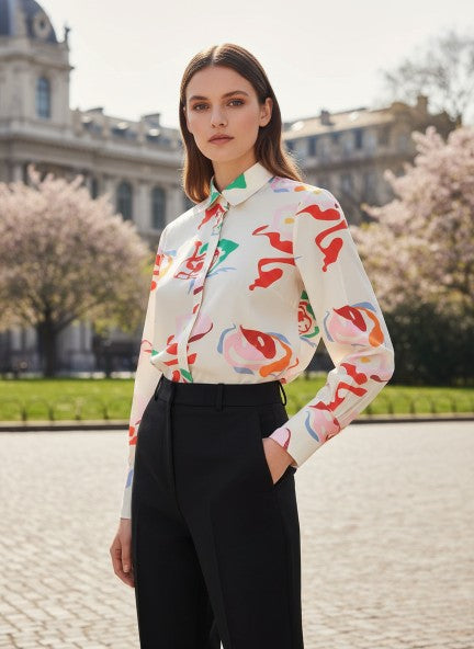 Premium American Crepe Multicolour Long Length Curved Hem Digital Print Shirt