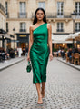 Women’s Luxury European Satin Emerald Green Midi Dress