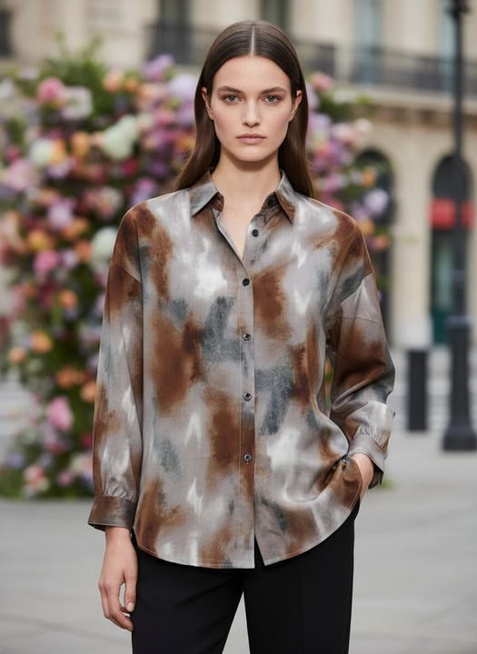 Women's Brown & Grey Abstract Tie-Dye Oversized Shirt