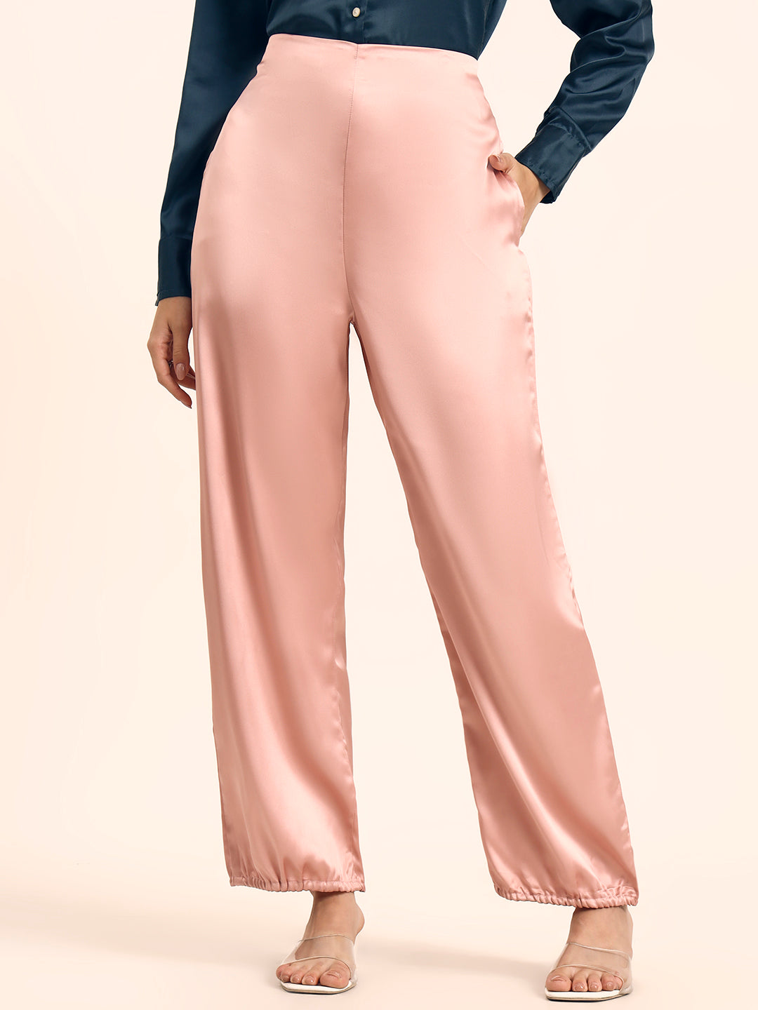 Luxury Satin Wide Leg Pants European Fabric  Blush Pink Glam Look