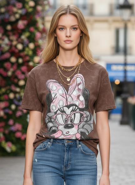 Stylish Cartoon Graphic Printed Brown Cotton T-Shirt for Women