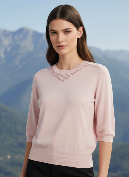 Elegant Light Pink Braided Neck Top