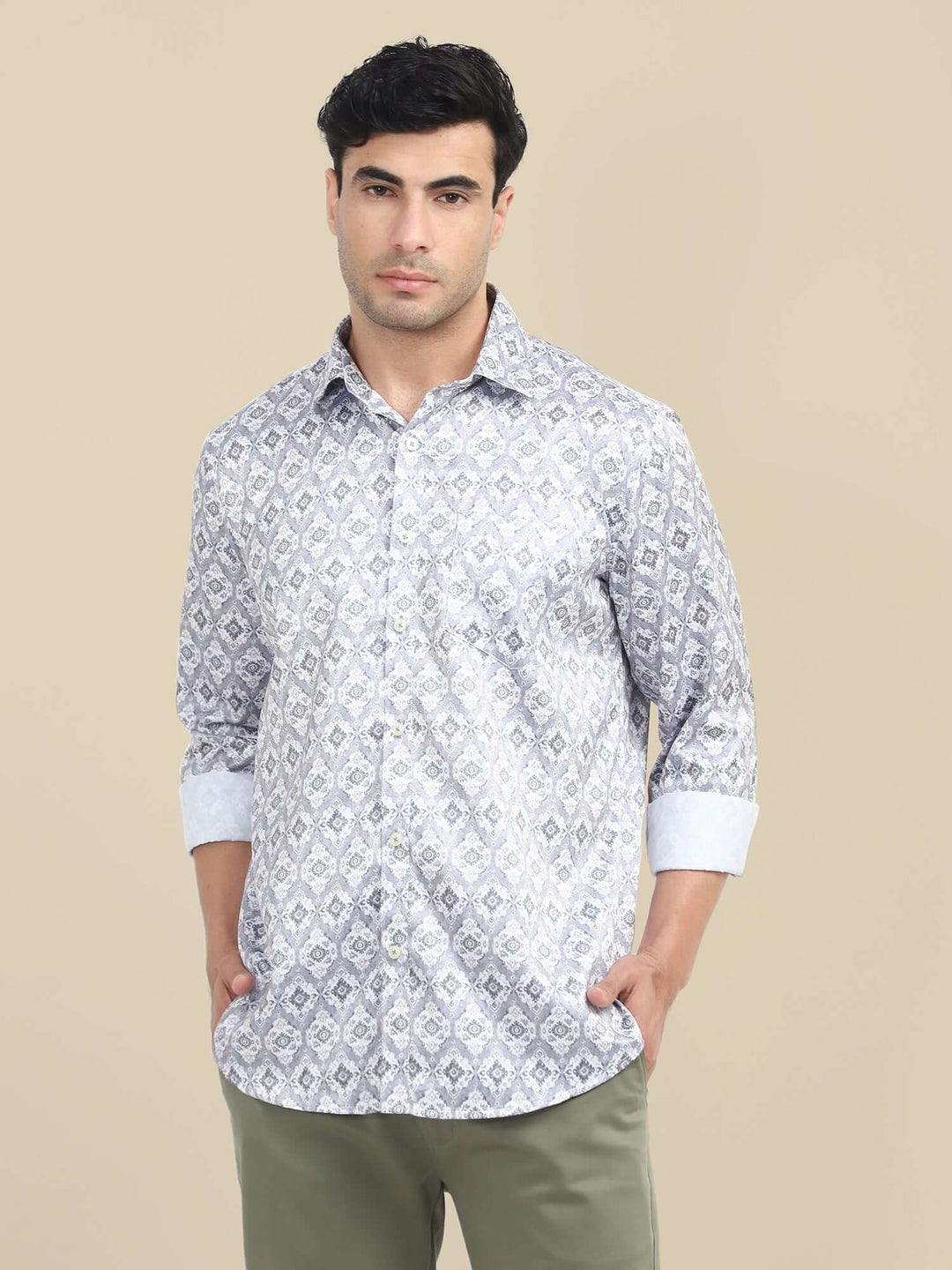Men'S Poly Satin Lycra Grey Digital Printed Shirt