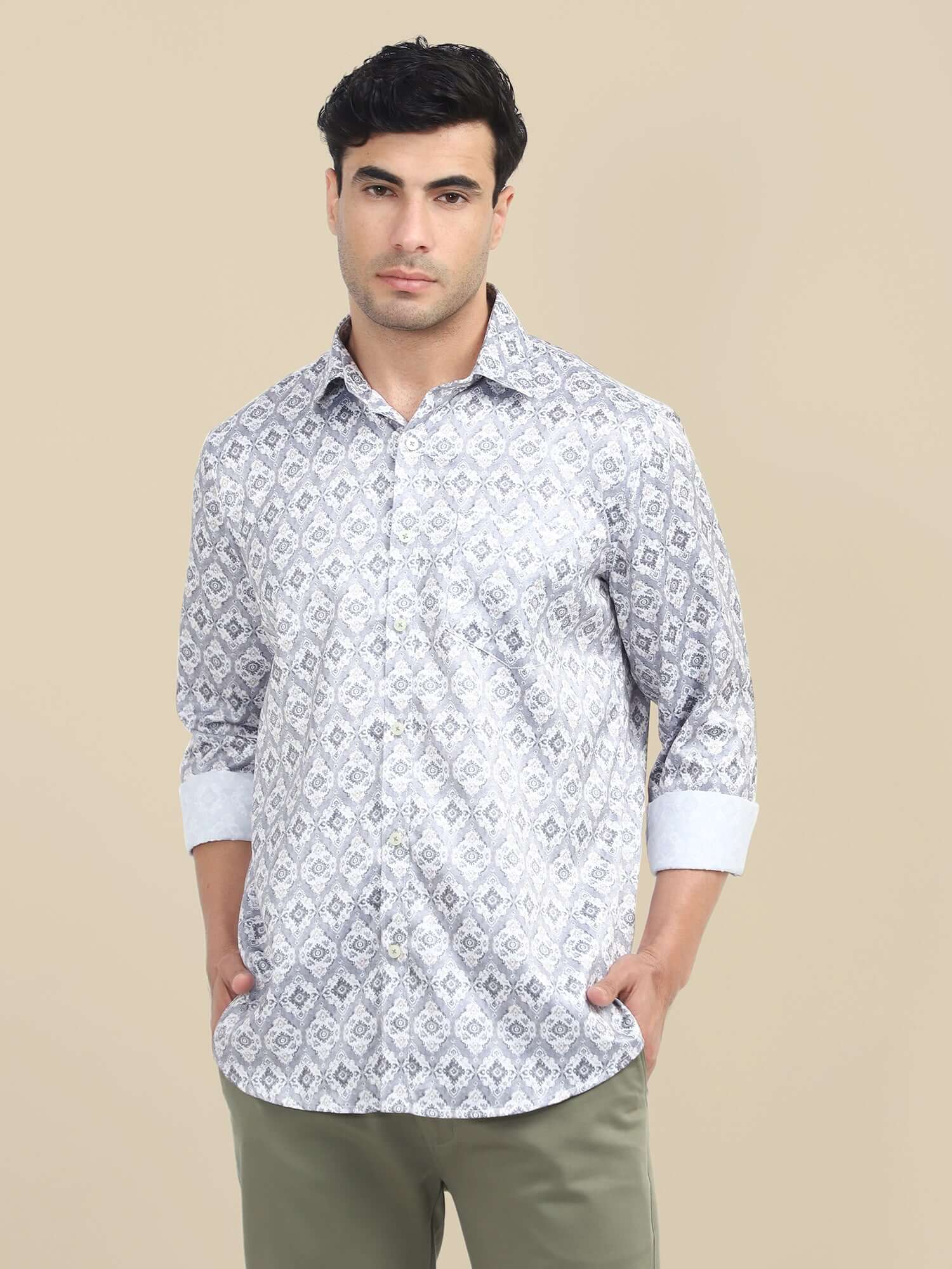 Men'S Poly Satin Lycra Grey Digital Printed Shirt