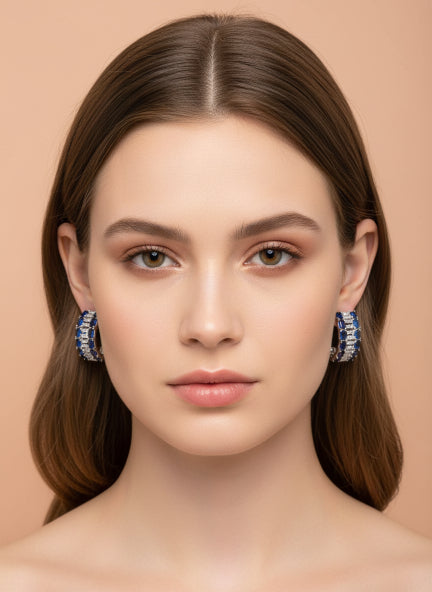 Elegant Blue & Silver Cubic Zirconia Crystal Hoop Earrings for Women