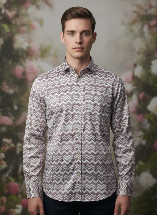 Men'S Poly Satin Lycra Mauve Digital Printed Shirt