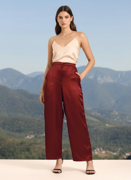 Satin Wide Leg Pants European Fabric  Wine Red Glam Look