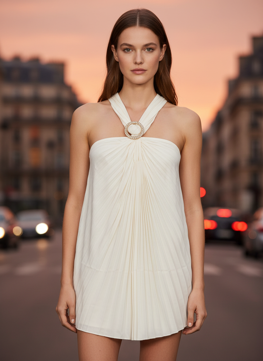 Elegant White Pleated Halter Neck Mini Dress for Women