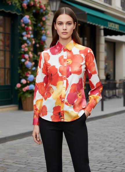 Premium American Crepe Multicolour Long Length Curved Hem Digital Print Shirt