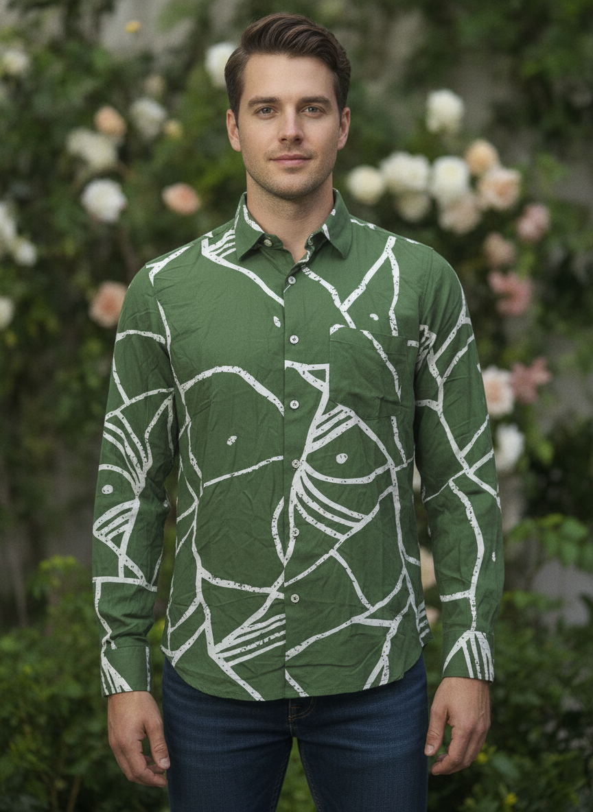 Men'S Premium Rayon Shirt With Jungle Print In Full Sleeve And Black Color