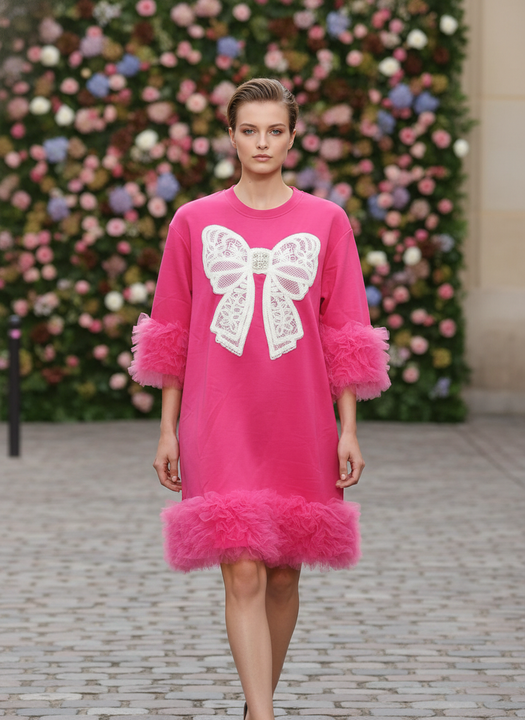Fuchsia Pink Bow Applique Mini Dress with Tulle Ruffle Details